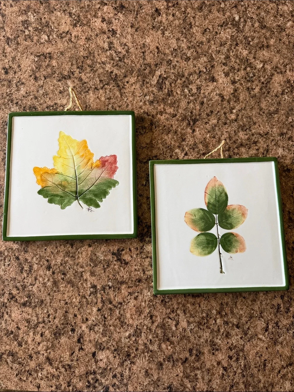 Pier 1 Leaf Trivet Tiles Set of 2 Italy Green White